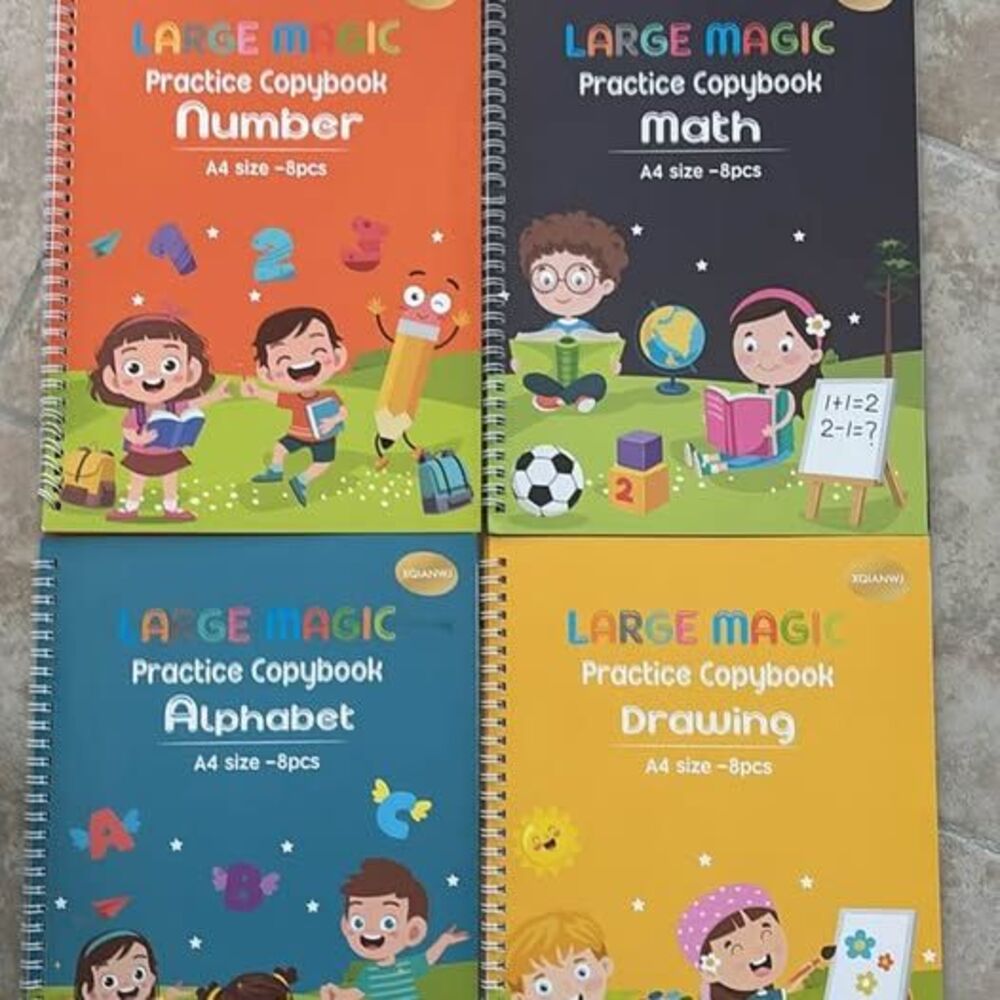 Large Magic Practice Copybook Set of 4 with Magic Disappearing Ink Pen